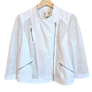 Chico's Diamond Mesh Moto Jacket Crop Zip Up White Women's Size 1 (Medium)